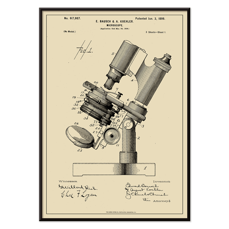 Detailed Illustration of Microscope Patent by E Bausch Poster showcasing a detailed drawing of a microscope patent by E Bausch titled Microscope Patent
