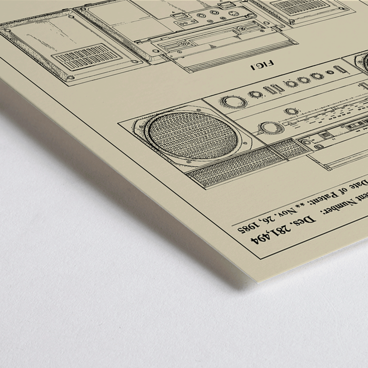 Portable combined cassette player technical drawing by Sujanani United States Patent Poster showing illustrations of a portable combined cassette player Patent by Sujanani with detailed technical drawings.