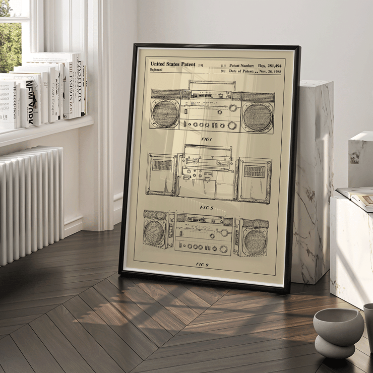 Portable combined cassette player technical drawing by Sujanani United States Patent Poster showing illustrations of a portable combined cassette player Patent by Sujanani with detailed technical drawings.