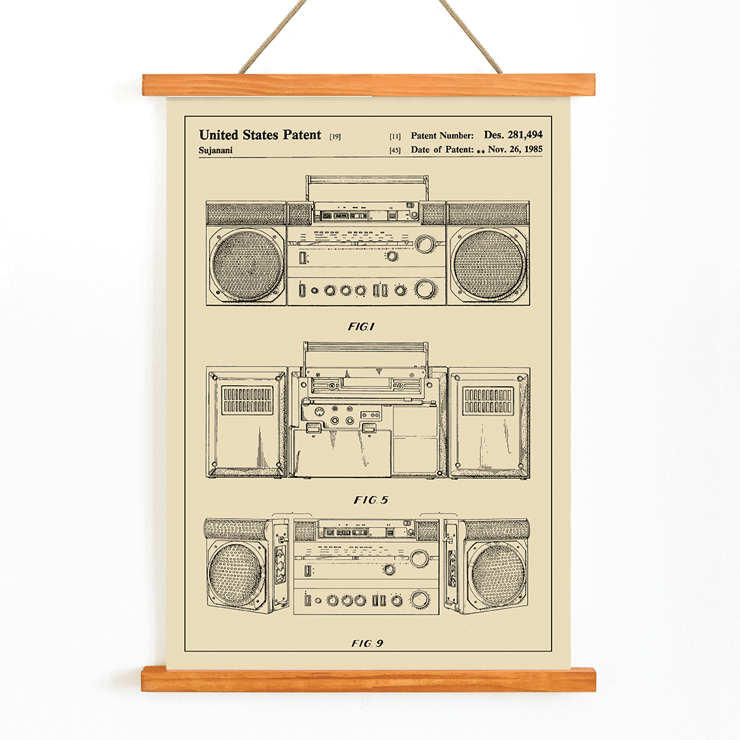 Portable combined cassette player technical drawing by Sujanani United States Patent Poster showing illustrations of a portable combined cassette player Patent by Sujanani with detailed technical drawings.