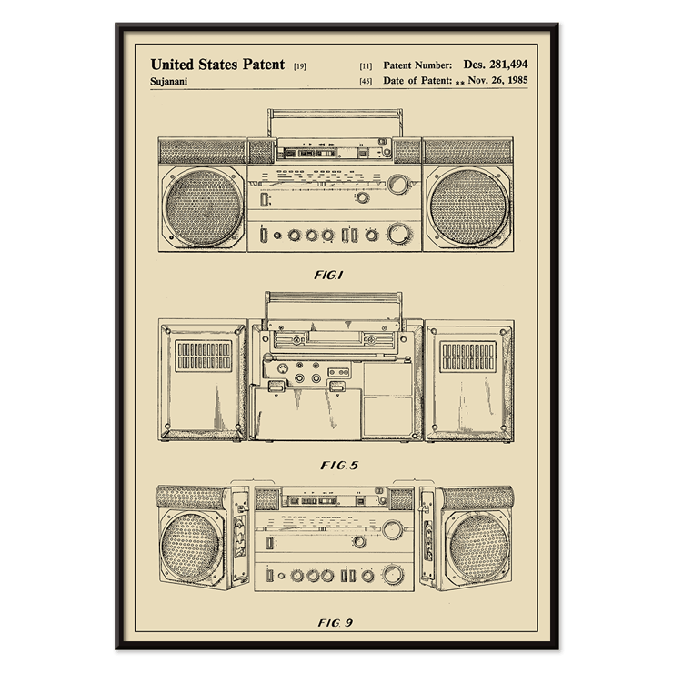 Portable combined cassette player technical drawing by Sujanani United States Patent Poster showing illustrations of a portable combined cassette player Patent by Sujanani with detailed technical drawings.