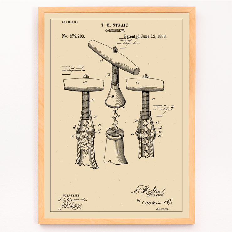Corkscrew Patent by T.M. Strait detailed technical drawing and signature Poster featuring the artwork Corkscrew Patent by T.M. Strait displaying technical diagrams and specifications of a corkscrew invention