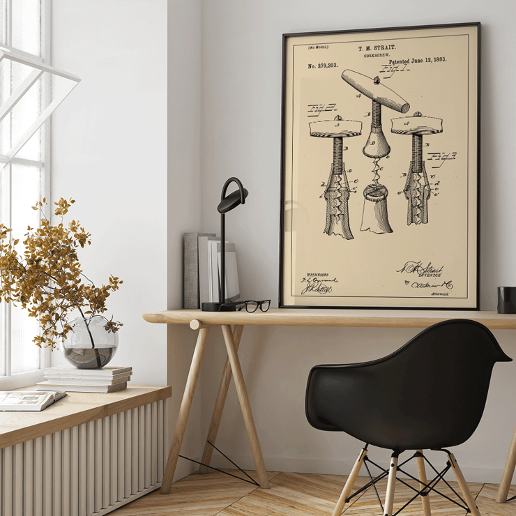 Corkscrew Patent by T.M. Strait detailed technical drawing and signature Poster featuring the artwork Corkscrew Patent by T.M. Strait displaying technical diagrams and specifications of a corkscrew invention
