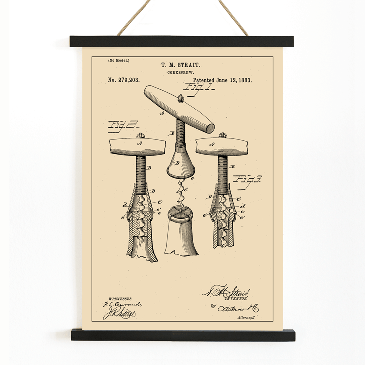 Corkscrew Patent by T.M. Strait detailed technical drawing and signature Poster featuring the artwork Corkscrew Patent by T.M. Strait displaying technical diagrams and specifications of a corkscrew invention