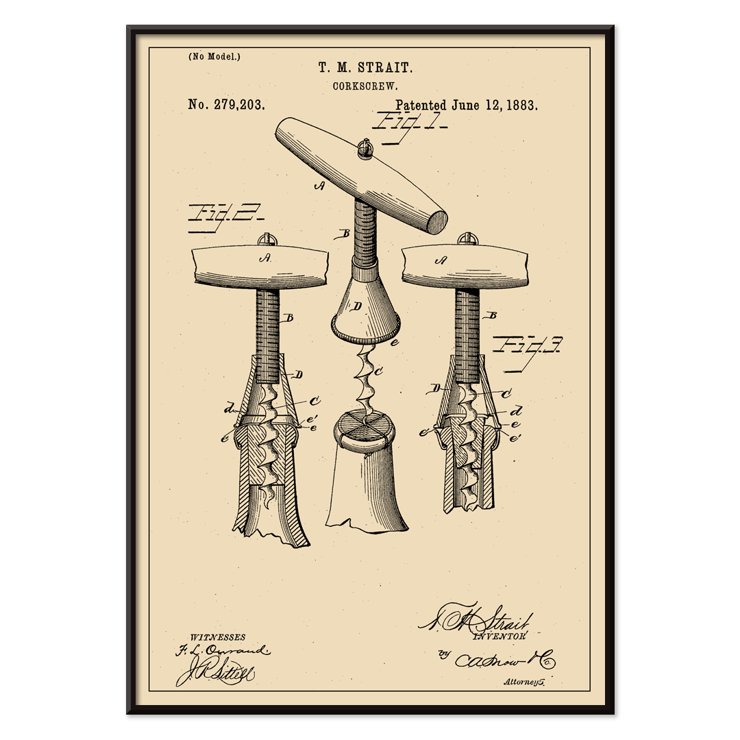 Corkscrew Patent by T.M. Strait detailed technical drawing and signature Poster featuring the artwork Corkscrew Patent by T.M. Strait displaying technical diagrams and specifications of a corkscrew invention