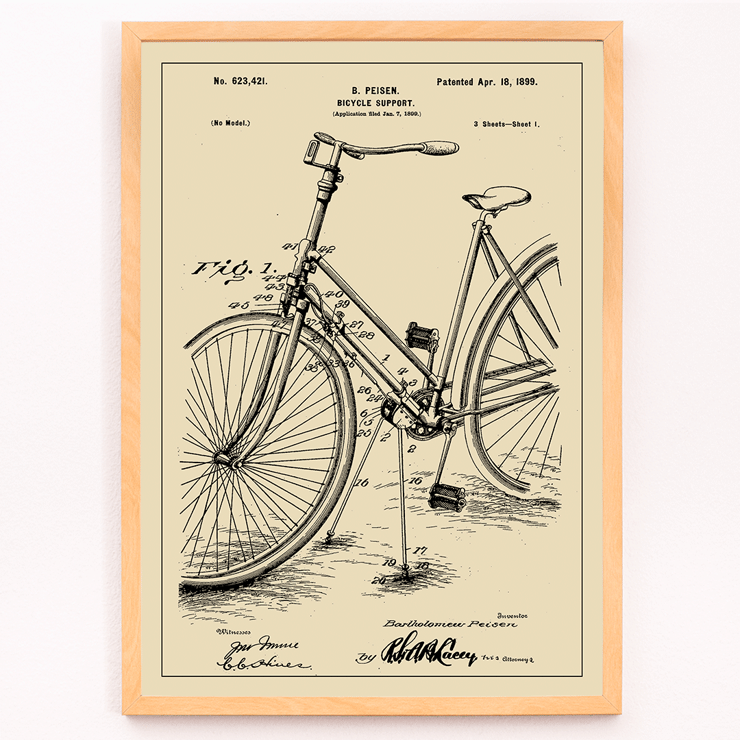 Bicycle-support Patent by B Peisen detailed bicycle diagram and mechanical drawing Poster of Bicycle-support Patent by B Peisen featuring a detailed technical drawing of a bicycle with a support stand and annotations.