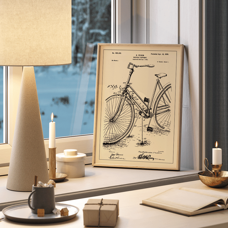 Bicycle-support Patent by B Peisen detailed bicycle diagram and mechanical drawing Poster of Bicycle-support Patent by B Peisen featuring a detailed technical drawing of a bicycle with a support stand and annotations.