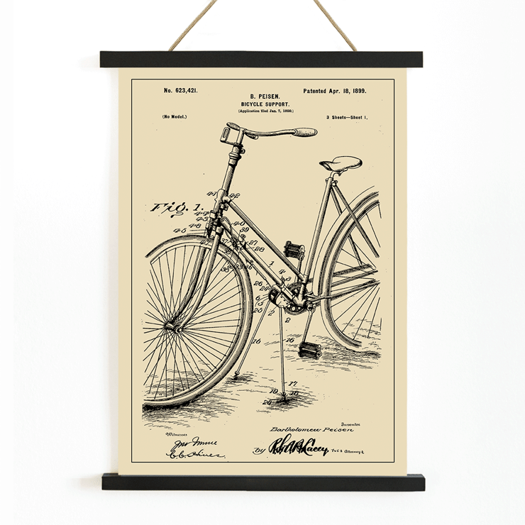 Bicycle-support Patent by B Peisen detailed bicycle diagram and mechanical drawing Poster of Bicycle-support Patent by B Peisen featuring a detailed technical drawing of a bicycle with a support stand and annotations.
