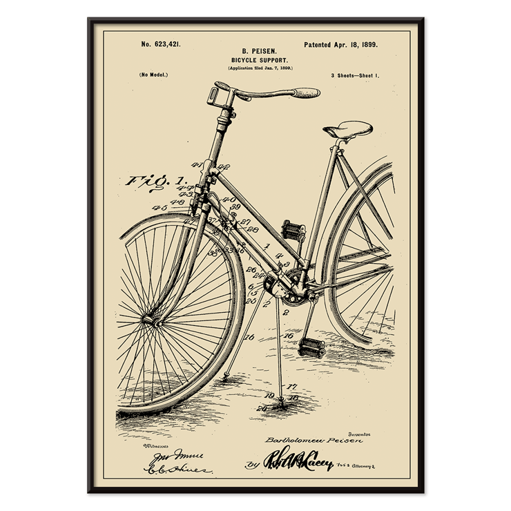 Bicycle-support Patent by B Peisen detailed bicycle diagram and mechanical drawing Poster of Bicycle-support Patent by B Peisen featuring a detailed technical drawing of a bicycle with a support stand and annotations.
