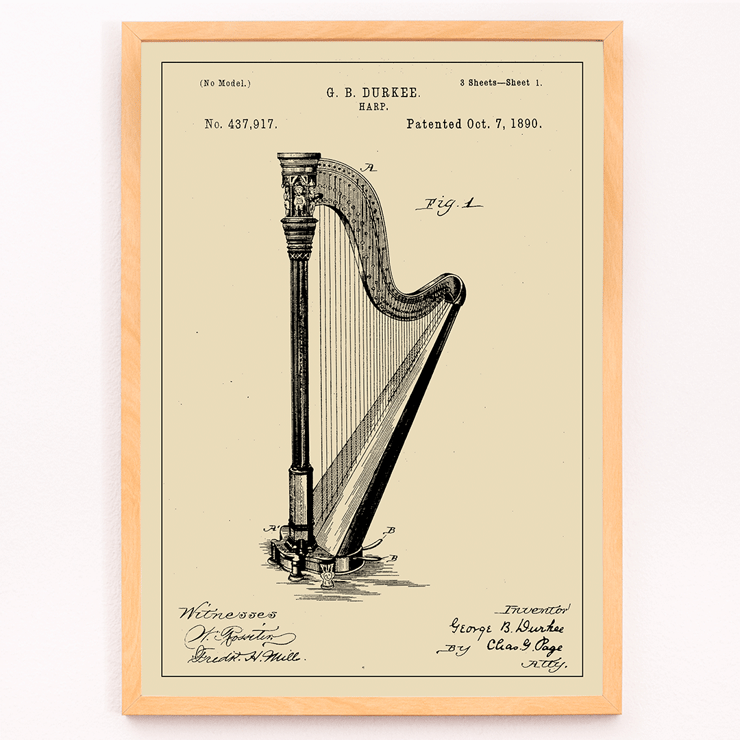 Harfenpatentzeichnung von GB Durkee Poster des Harfenpatents von GB Durkee mit einer detaillierten technischen Zeichnung und Patentinformationen für ein historisches Harfendesign.