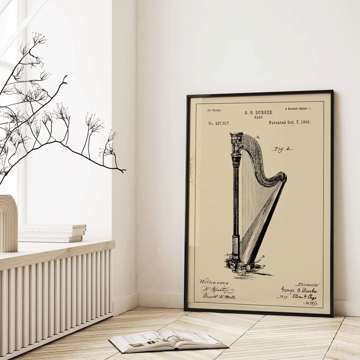 Harfenpatentzeichnung von GB Durkee Poster des Harfenpatents von GB Durkee mit einer detaillierten technischen Zeichnung und Patentinformationen für ein historisches Harfendesign.