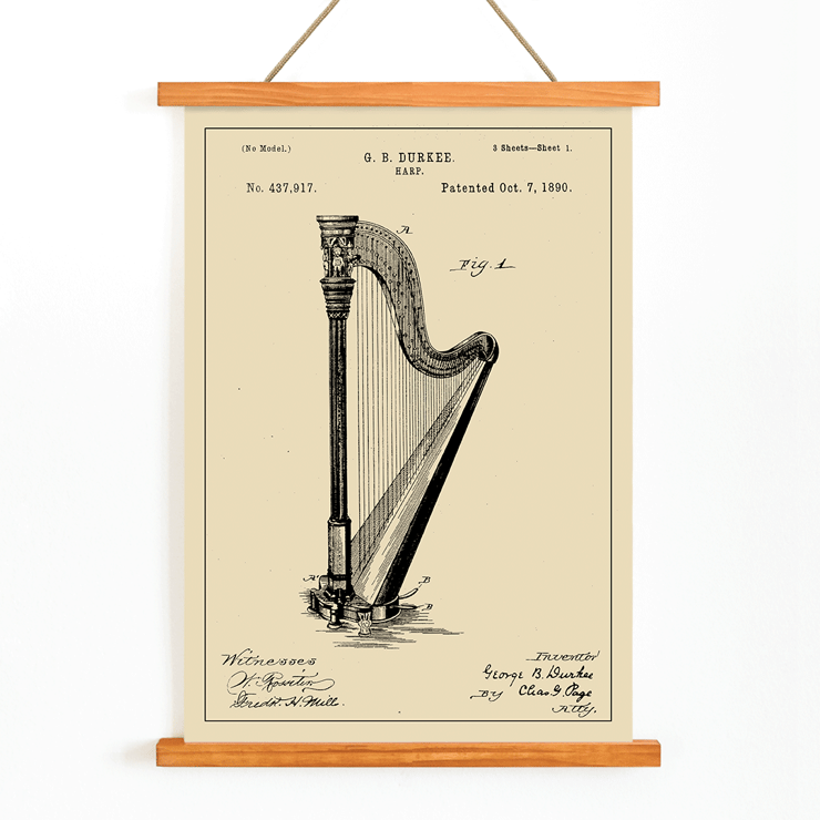 Harfenpatentzeichnung von GB Durkee Poster des Harfenpatents von GB Durkee mit einer detaillierten technischen Zeichnung und Patentinformationen für ein historisches Harfendesign.