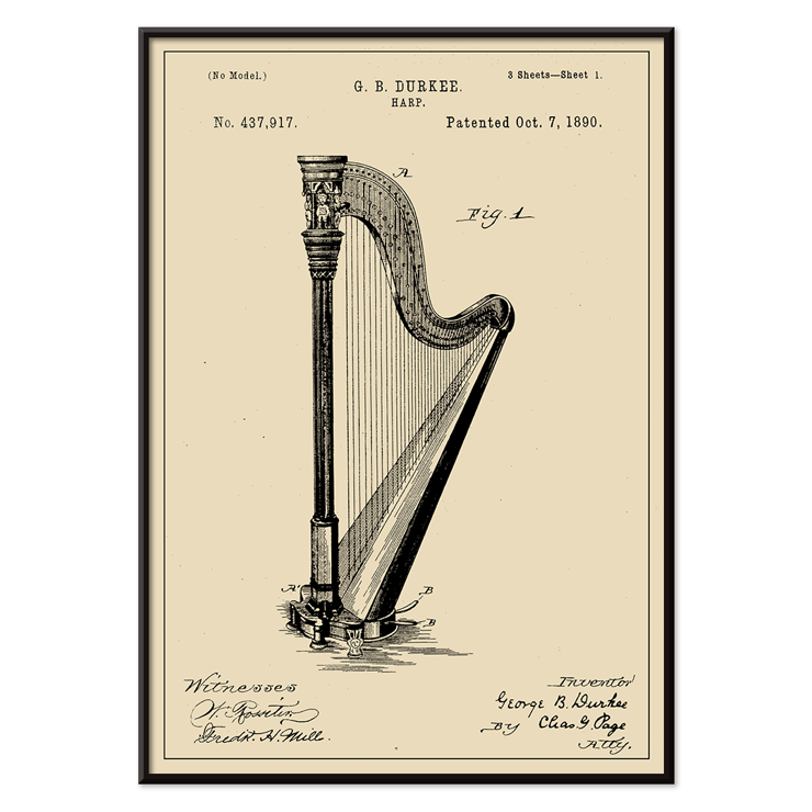 Harfenpatentzeichnung von GB Durkee Poster des Harfenpatents von GB Durkee mit einer detaillierten technischen Zeichnung und Patentinformationen für ein historisches Harfendesign.