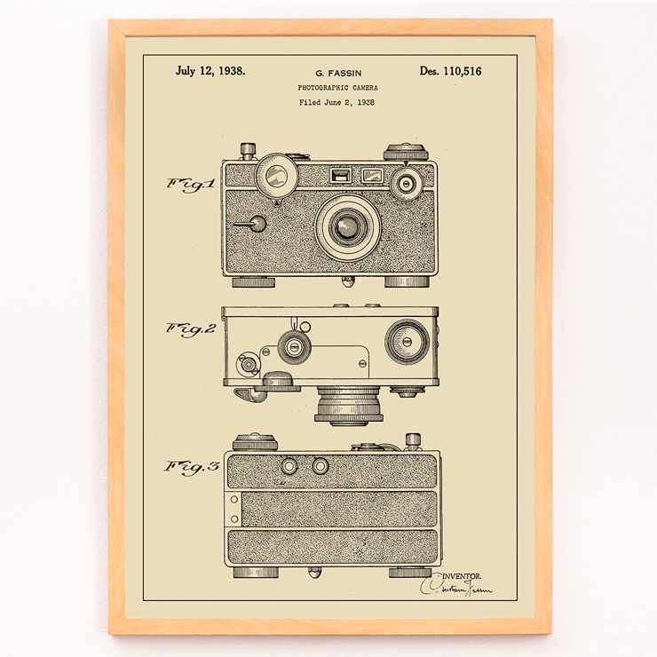 Photographic Camera Patent Illustration by G Fassin Poster showing detailed patent drawings of a photographic camera by artist G. Fassin titled Photographic Camera Patent