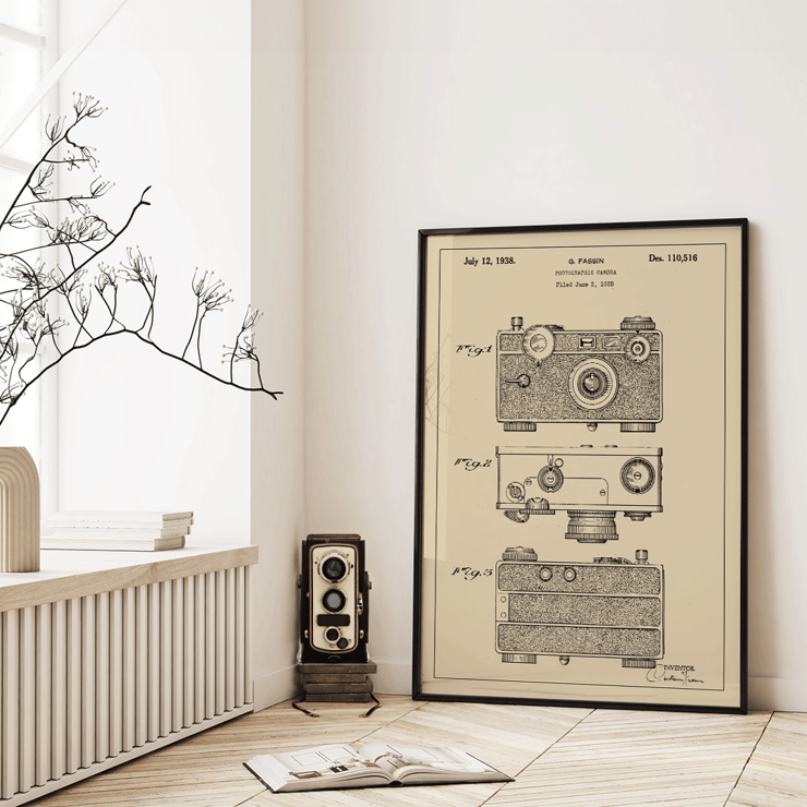 Photographic Camera Patent Illustration by G Fassin Poster showing detailed patent drawings of a photographic camera by artist G. Fassin titled Photographic Camera Patent