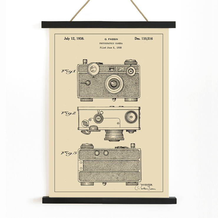 Photographic Camera Patent Illustration by G Fassin Poster showing detailed patent drawings of a photographic camera by artist G. Fassin titled Photographic Camera Patent