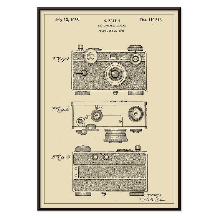 Photographic Camera Patent Illustration by G Fassin Poster showing detailed patent drawings of a photographic camera by artist G. Fassin titled Photographic Camera Patent