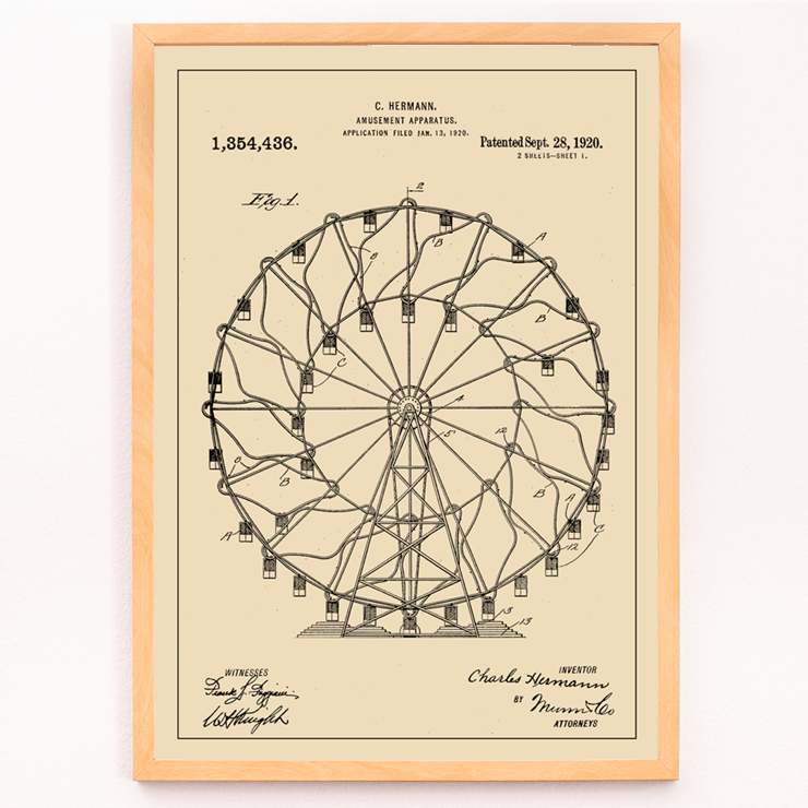 Ferris Wheel Patent Drawing Amusement Apparatus Patent by C Hermann Poster featuring a vintage patent drawing of a Ferris wheel by Charles Hermann titled Amusement Apparatus Patent