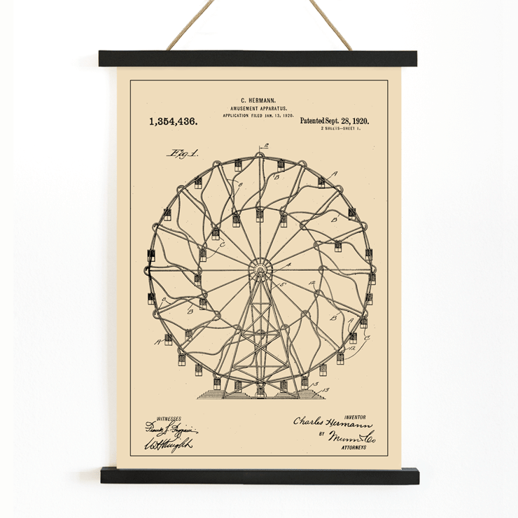 Ferris Wheel Patent Drawing Amusement Apparatus Patent by C Hermann Poster featuring a vintage patent drawing of a Ferris wheel by Charles Hermann titled Amusement Apparatus Patent