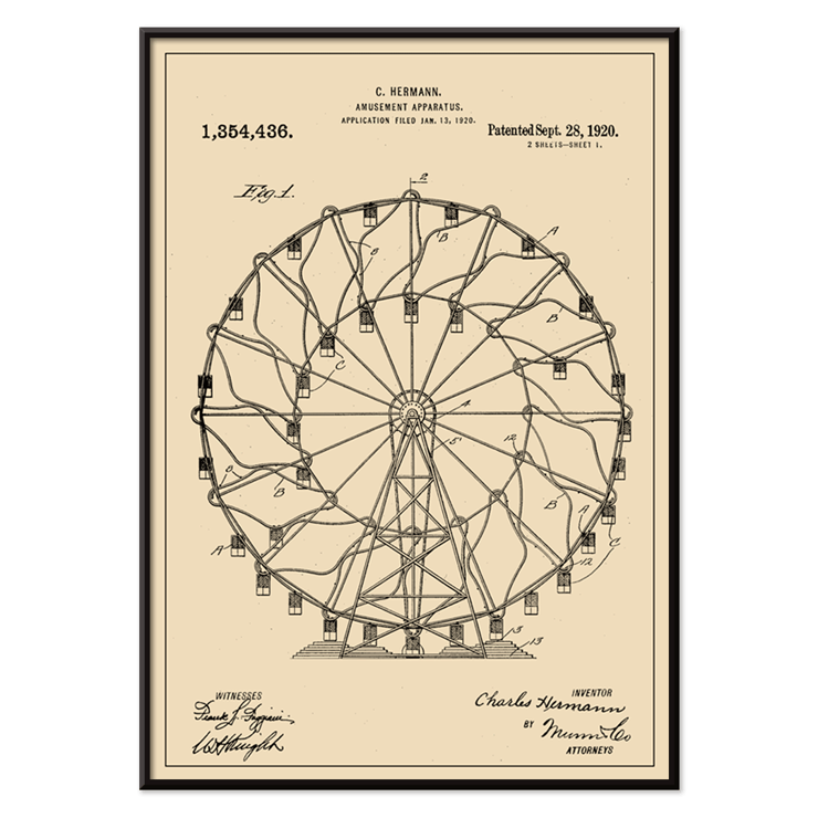 Ferris Wheel Patent Drawing Amusement Apparatus Patent by C Hermann Poster featuring a vintage patent drawing of a Ferris wheel by Charles Hermann titled Amusement Apparatus Patent