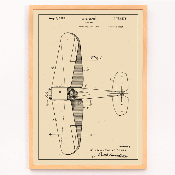 Airplane patent design drawing by WD Clark titled Airplane Patent Poster featuring a detailed blueprint drawing titled Airplane Patent by W.D Clark with annotated parts and technical specifications