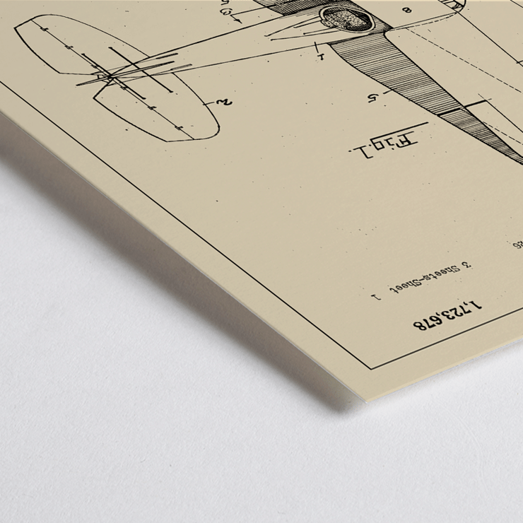 Airplane patent design drawing by WD Clark titled Airplane Patent Poster featuring a detailed blueprint drawing titled Airplane Patent by W.D Clark with annotated parts and technical specifications