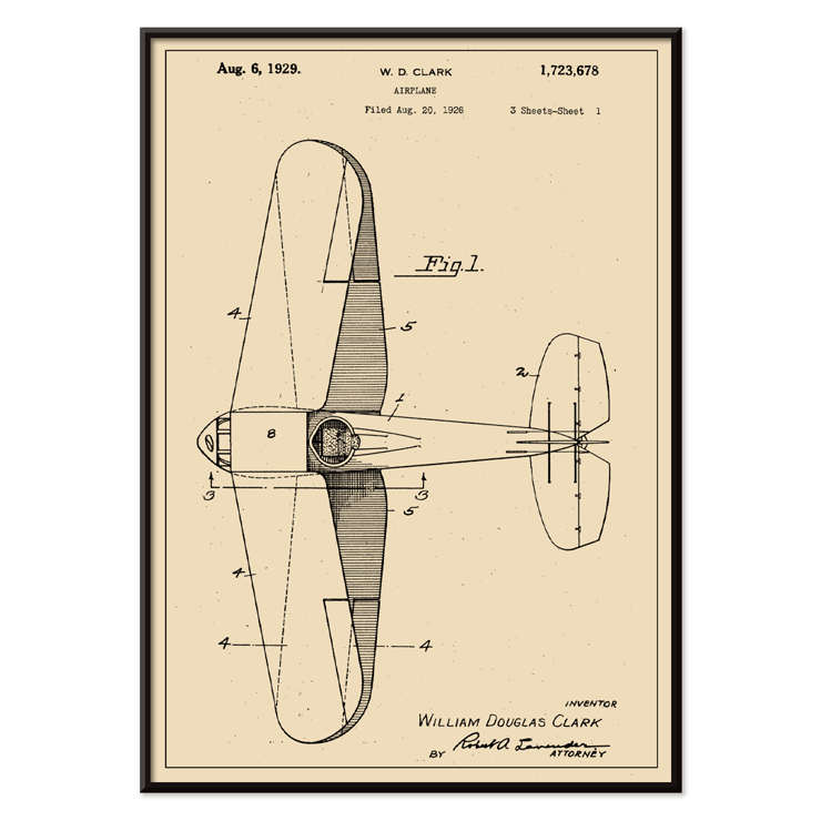 Airplane patent design drawing by WD Clark titled Airplane Patent Poster featuring a detailed blueprint drawing titled Airplane Patent by W.D Clark with annotated parts and technical specifications
