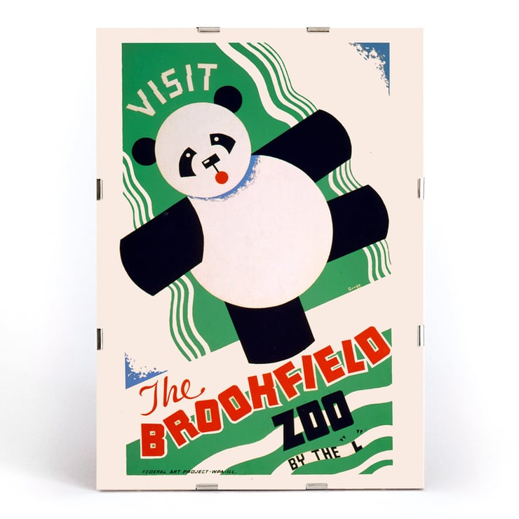 Colorful poster of panda promoting Brookfield Zoo by Arlington Gregg with vibrant text and artistic design Poster featuring a playful panda promoting the Brookfield Zoo by Arlington Gregg.