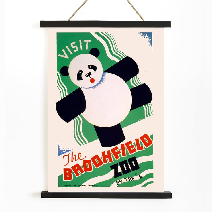 Colorful poster of panda promoting Brookfield Zoo by Arlington Gregg with vibrant text and artistic design Poster featuring a playful panda promoting the Brookfield Zoo by Arlington Gregg.