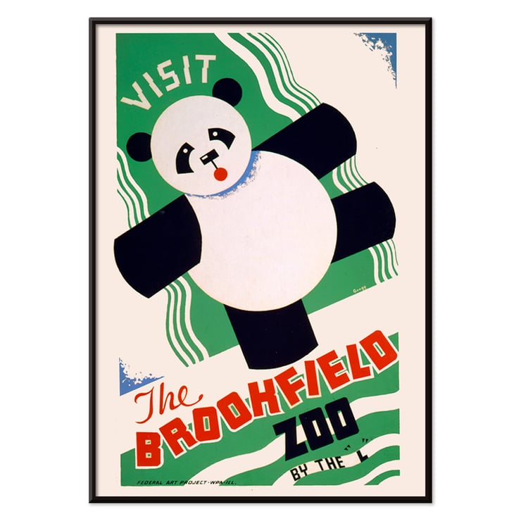 Colorful poster of panda promoting Brookfield Zoo by Arlington Gregg with vibrant text and artistic design Poster featuring a playful panda promoting the Brookfield Zoo by Arlington Gregg.