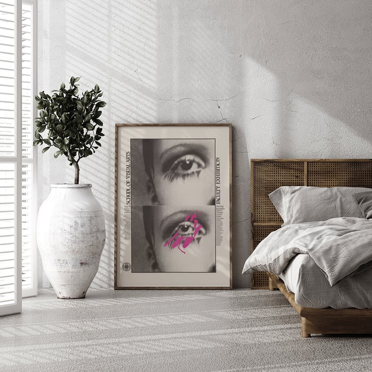 Poster featuring abstract eye design by Lanny Sommese for School of Visual Arts faculty exhibition Poster featuring two stylized close-ups of an eye with pink accents School of Visual Arts faculty exhibition by Lanny Sommese