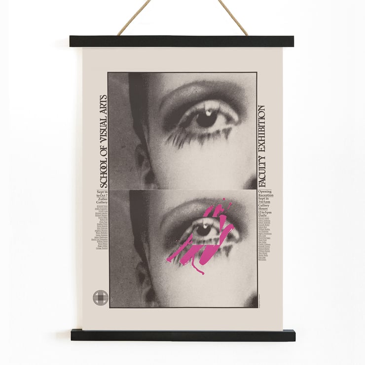 Poster featuring abstract eye design by Lanny Sommese for School of Visual Arts faculty exhibition Poster featuring two stylized close-ups of an eye with pink accents School of Visual Arts faculty exhibition by Lanny Sommese