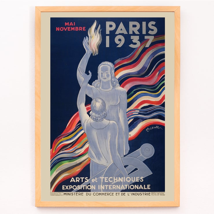 Exposition Internationale Arts et Techniques von Leonetto Cappiello, lebendiges Poster mit zwei Figuren und buntem Hintergrund. Poster von Leonetto Cappiello mit zwei Figuren mit bunten Wellen und Text Paris Arts et Techniques Exposition Internationale
