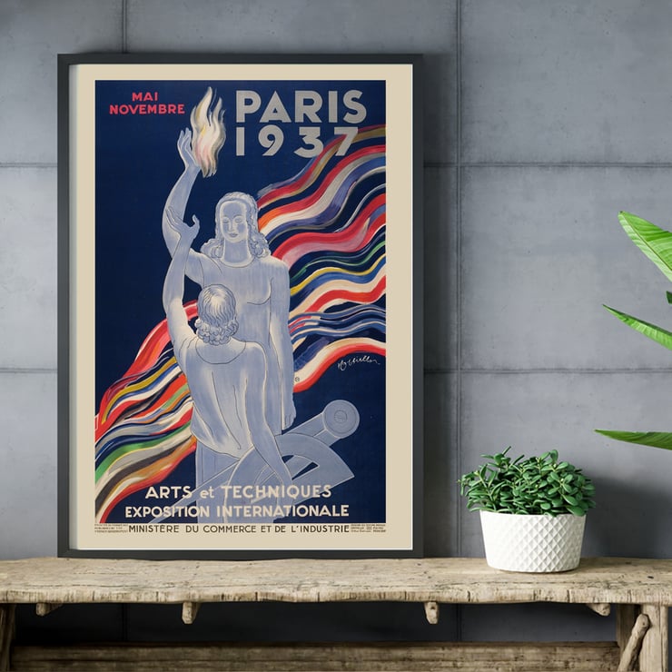 Exposition Internationale Arts et Techniques von Leonetto Cappiello, lebendiges Poster mit zwei Figuren und buntem Hintergrund. Poster von Leonetto Cappiello mit zwei Figuren mit bunten Wellen und Text Paris Arts et Techniques Exposition Internationale