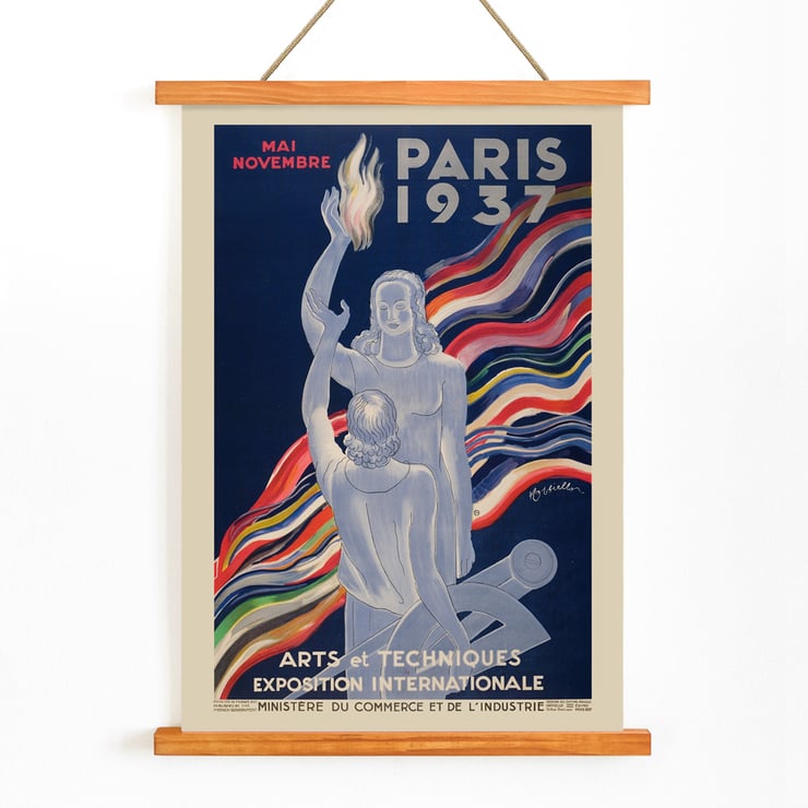 Exposition Internationale Arts et Techniques von Leonetto Cappiello, lebendiges Poster mit zwei Figuren und buntem Hintergrund. Poster von Leonetto Cappiello mit zwei Figuren mit bunten Wellen und Text Paris Arts et Techniques Exposition Internationale
