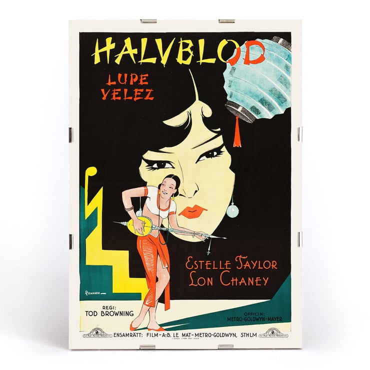 Poster artwork for Halvblod by Eric Rohman Where East is East featuring Lupe Velez Estelle Taylor and Lon Chaney Poster for film with Lupe Velez playing a string instrument and an illustration by Eric Rohman for Where East is East.