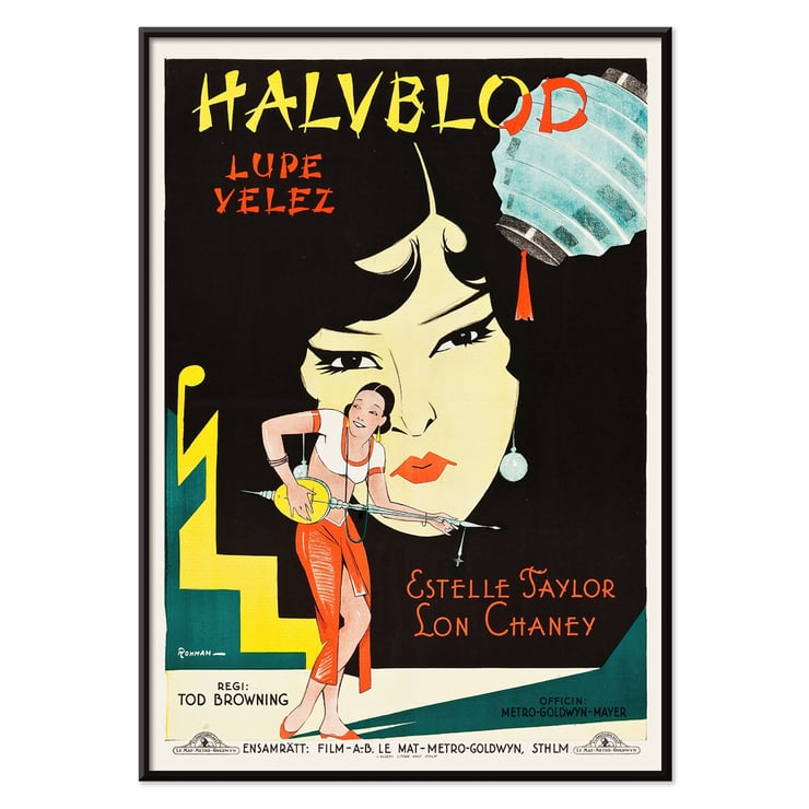 Poster artwork for Halvblod by Eric Rohman Where East is East featuring Lupe Velez Estelle Taylor and Lon Chaney Poster for film with Lupe Velez playing a string instrument and an illustration by Eric Rohman for Where East is East.