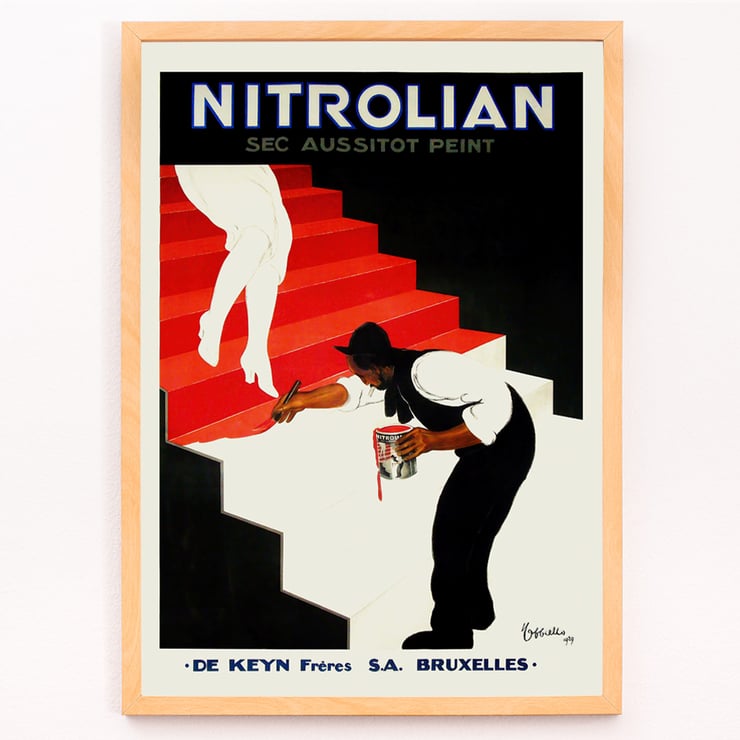 Vintage art poster Nitrolian by Leonetto Cappiello featuring a painter on stairs Poster of Nitrolian by Leonetto Cappiello depicting a painter working on a red and white staircase with a paint can.