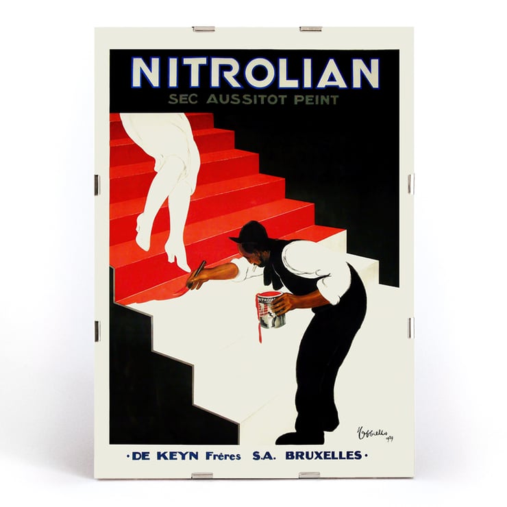 Vintage art poster Nitrolian by Leonetto Cappiello featuring a painter on stairs Poster of Nitrolian by Leonetto Cappiello depicting a painter working on a red and white staircase with a paint can.
