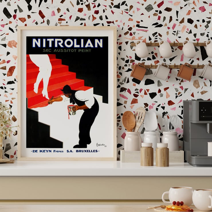 Vintage art poster Nitrolian by Leonetto Cappiello featuring a painter on stairs Poster of Nitrolian by Leonetto Cappiello depicting a painter working on a red and white staircase with a paint can.