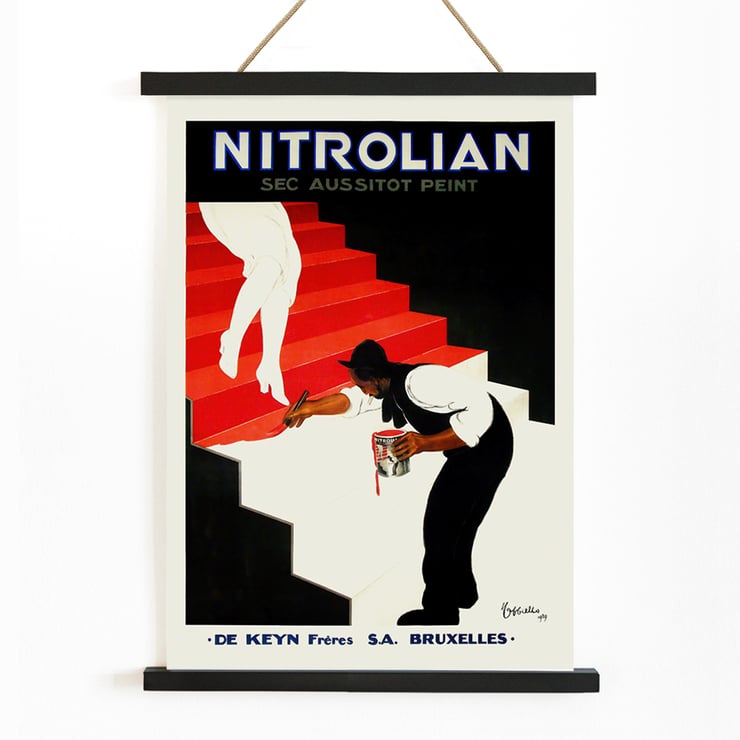 Vintage art poster Nitrolian by Leonetto Cappiello featuring a painter on stairs Poster of Nitrolian by Leonetto Cappiello depicting a painter working on a red and white staircase with a paint can.
