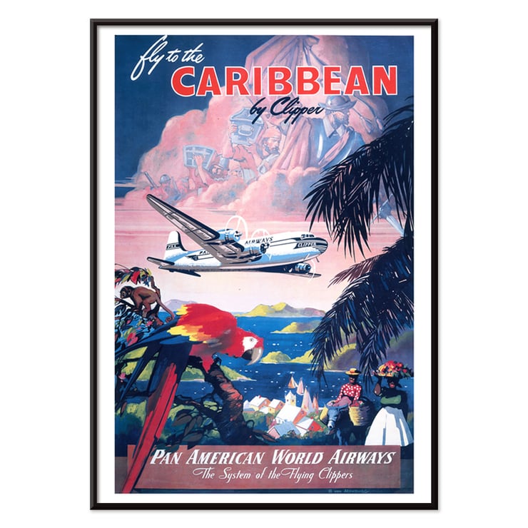 Fly to the Caribbean by Clipper artwork by Mark Von Arenburg depicting Pan American World Airways plane. Poster of Pan American World Airways promoting Caribbean flights by clipper showcasing vibrant tropical scenery by Mark Von Arenburg.