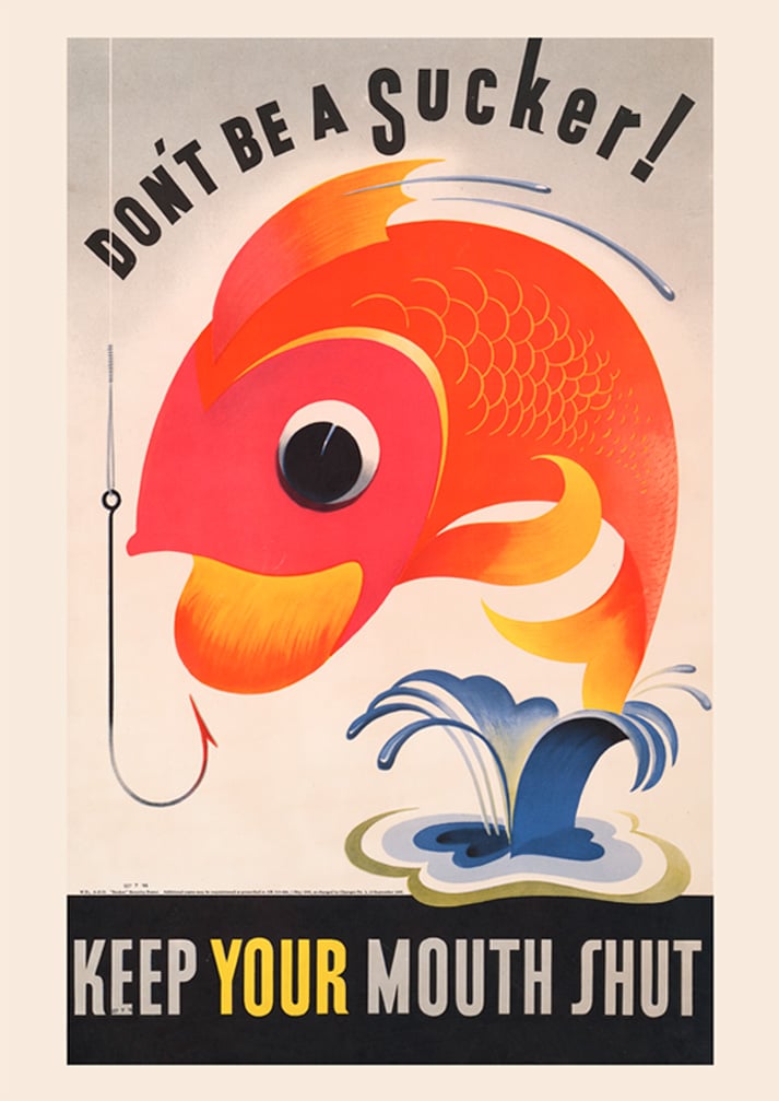 Seien Sie kein Trottel. Halten Sie den Mund geschlossen. Von einem unbekannten Künstler mit abstraktem Fisch und Haken. Poster mit dem Titel „Sei kein Trottel, halt den Mund“ zeigt einen bunten Fisch neben einem Haken mit einer fetten Botschaft
