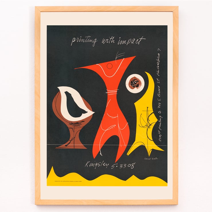 Colorful abstract figures on a dark background by Sam Maitin titled Printing with an impact. Poster with abstract shapes in brown, red, and yellow by artist Sam Maitin titled Printing with an impact.