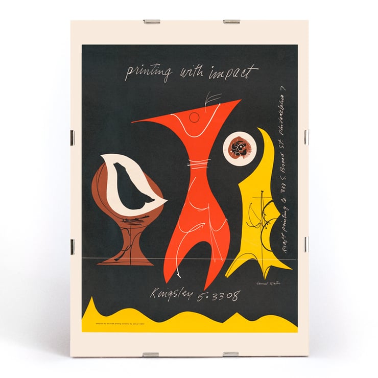 Colorful abstract figures on a dark background by Sam Maitin titled Printing with an impact. Poster with abstract shapes in brown, red, and yellow by artist Sam Maitin titled Printing with an impact.