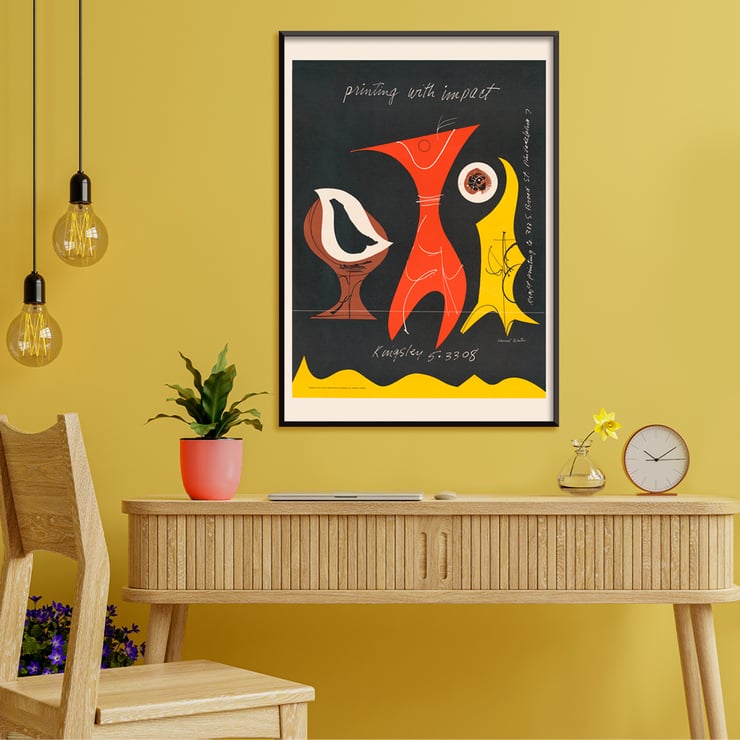 Colorful abstract figures on a dark background by Sam Maitin titled Printing with an impact. Poster with abstract shapes in brown, red, and yellow by artist Sam Maitin titled Printing with an impact.