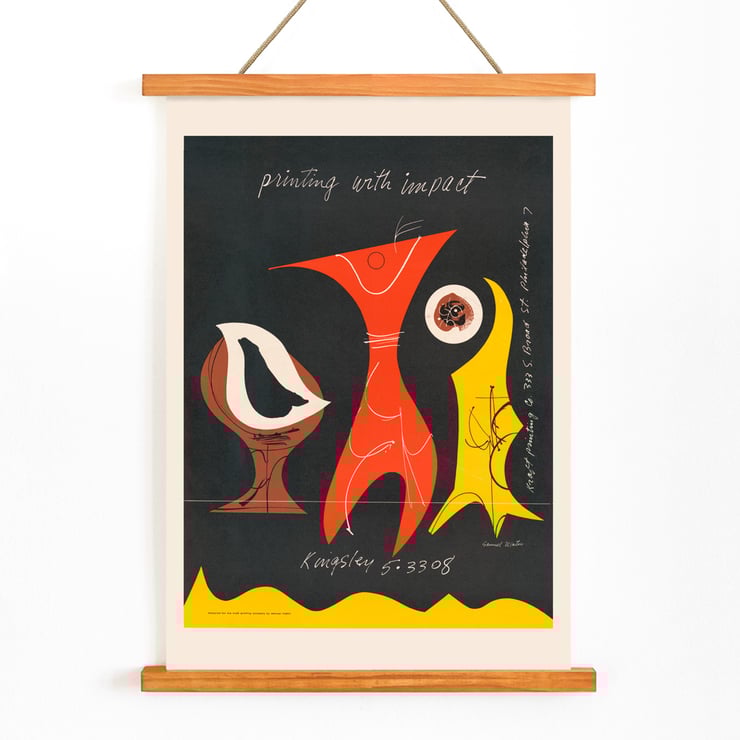 Colorful abstract figures on a dark background by Sam Maitin titled Printing with an impact. Poster with abstract shapes in brown, red, and yellow by artist Sam Maitin titled Printing with an impact.