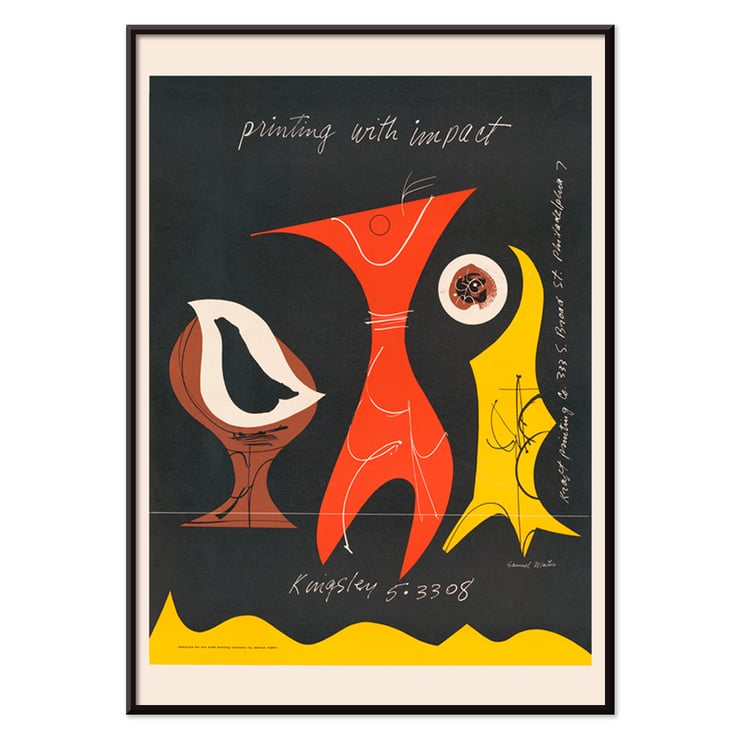 Colorful abstract figures on a dark background by Sam Maitin titled Printing with an impact. Poster with abstract shapes in brown, red, and yellow by artist Sam Maitin titled Printing with an impact.
