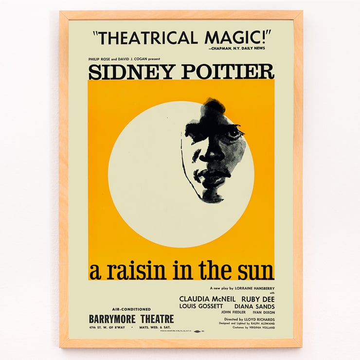 Theatrical poster for A Raisin in the Sun by Artcraft Lithograph featuring Sidney Poitier. Poster of A Raisin in the Sun by Artcraft Lithograph featuring a stylized face with text and theatrical information