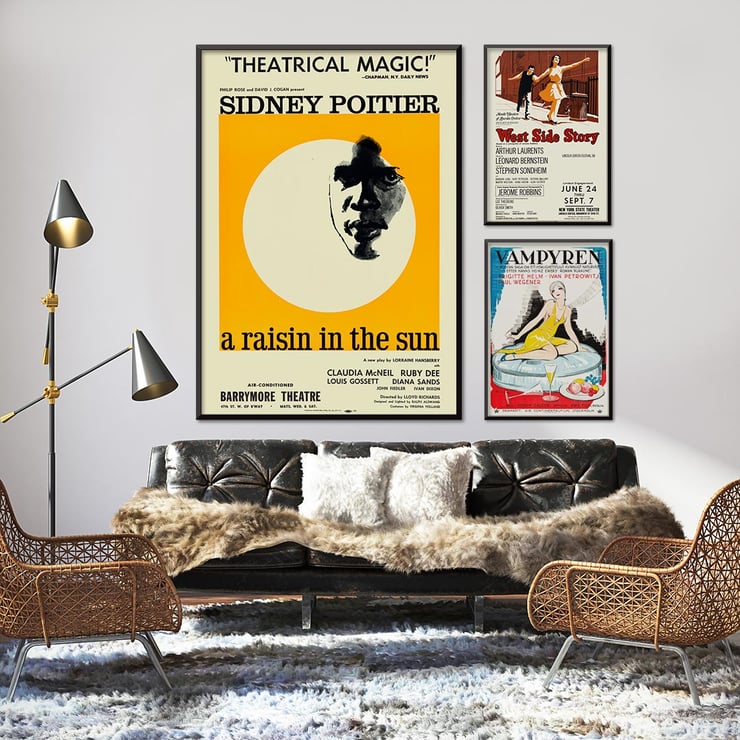 Theatrical poster for A Raisin in the Sun by Artcraft Lithograph featuring Sidney Poitier. Poster of A Raisin in the Sun by Artcraft Lithograph featuring a stylized face with text and theatrical information